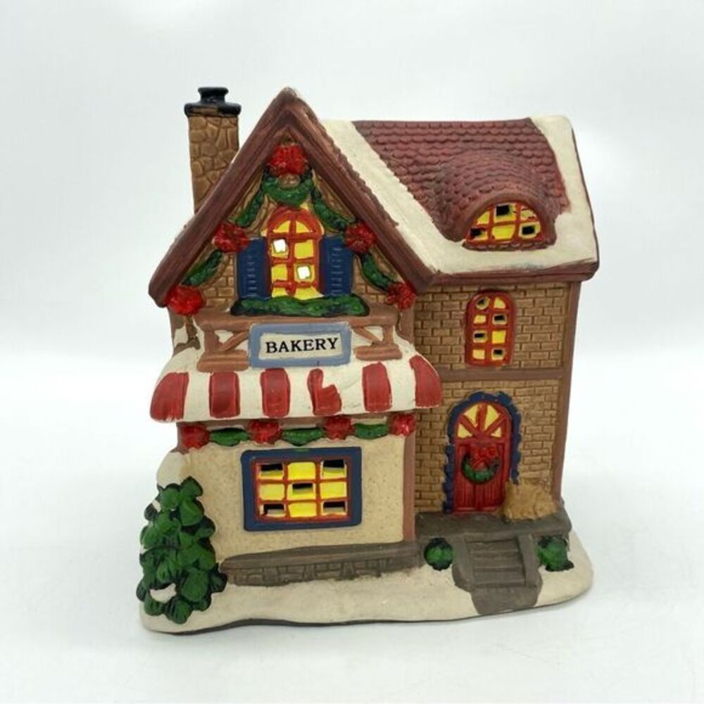 Vintage Holiday Village Light Up Snow Covered Bakery